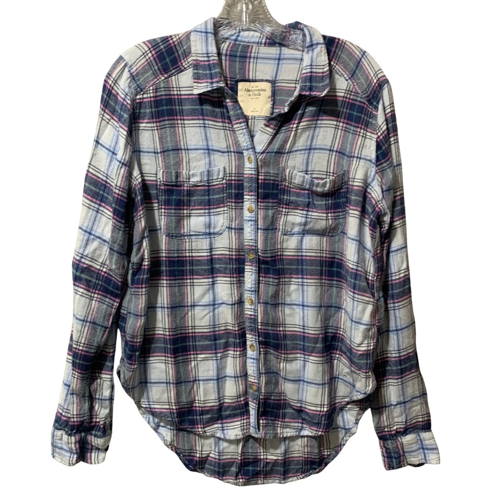 Abercrombie‎ & Fitch Soft Womens Large Plaid Flannel Button Down Shirt Blue Pink